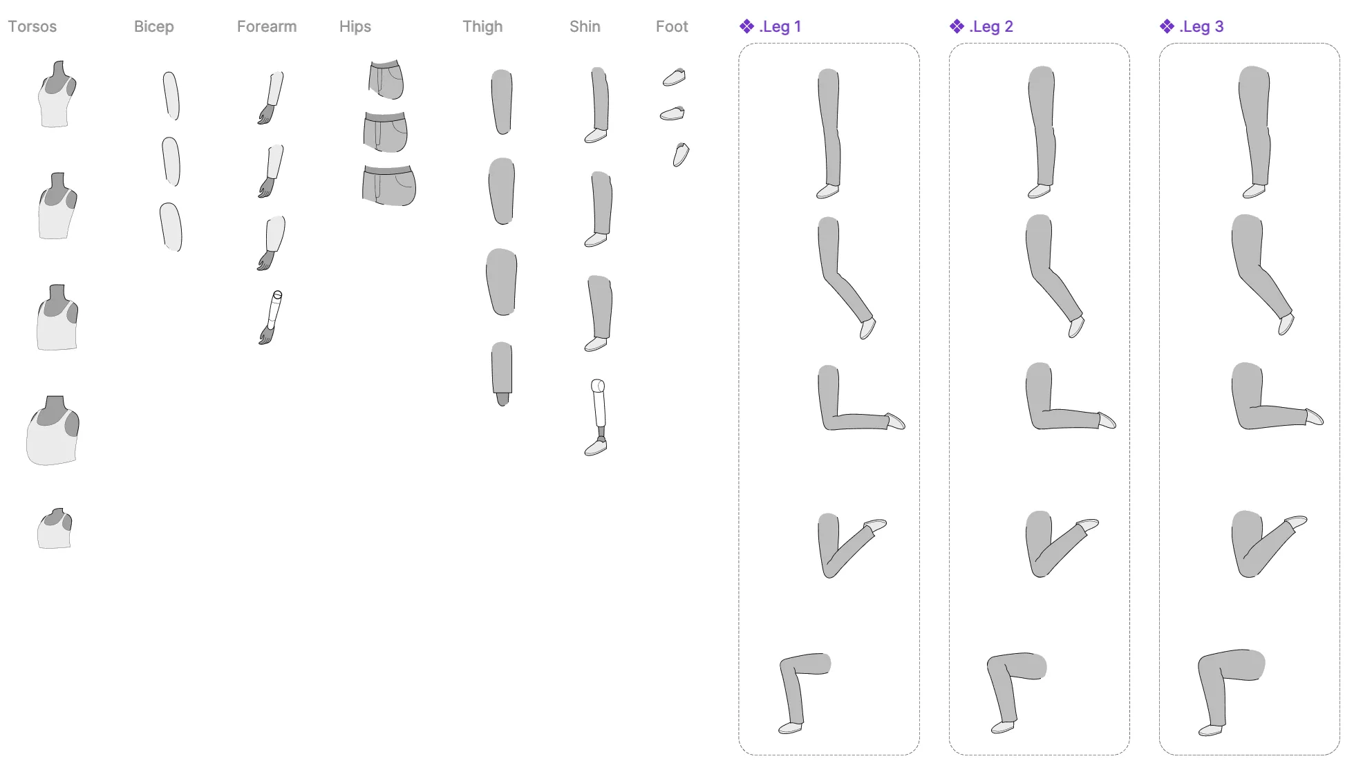 Body part components: torsos, arms, hips, thighs, shins, feet, and leg poses