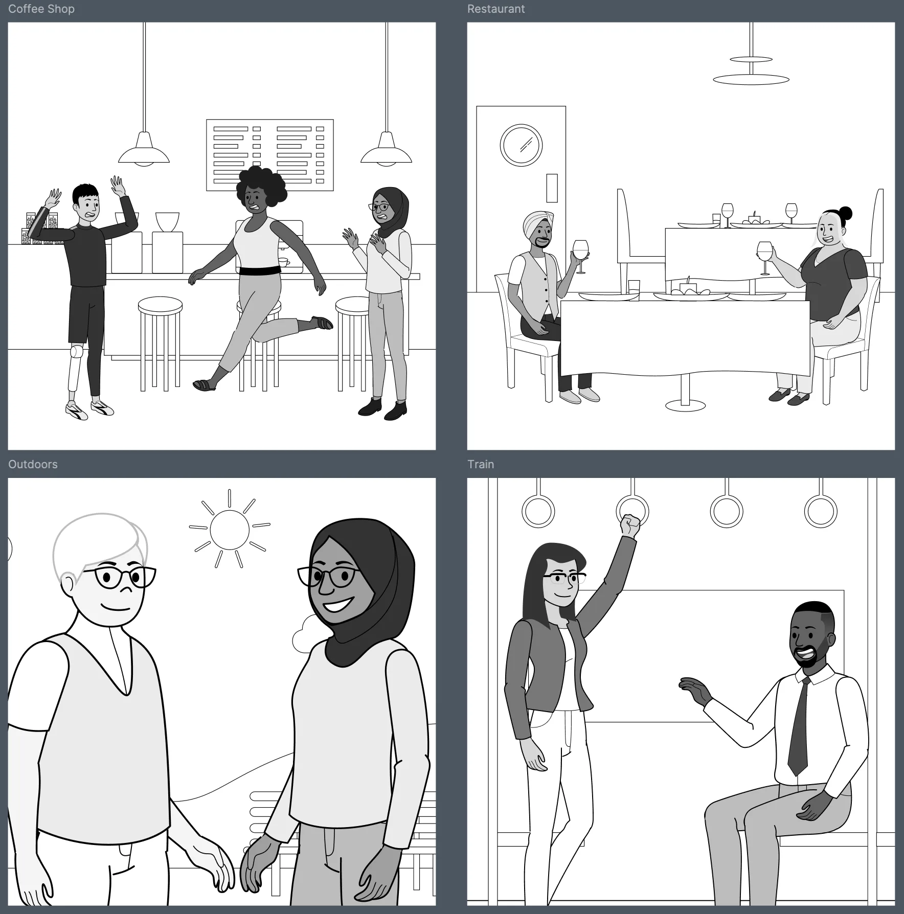 Four StoryboardKit scenes: a coffee shop, a restaurant, outdoors, and a train