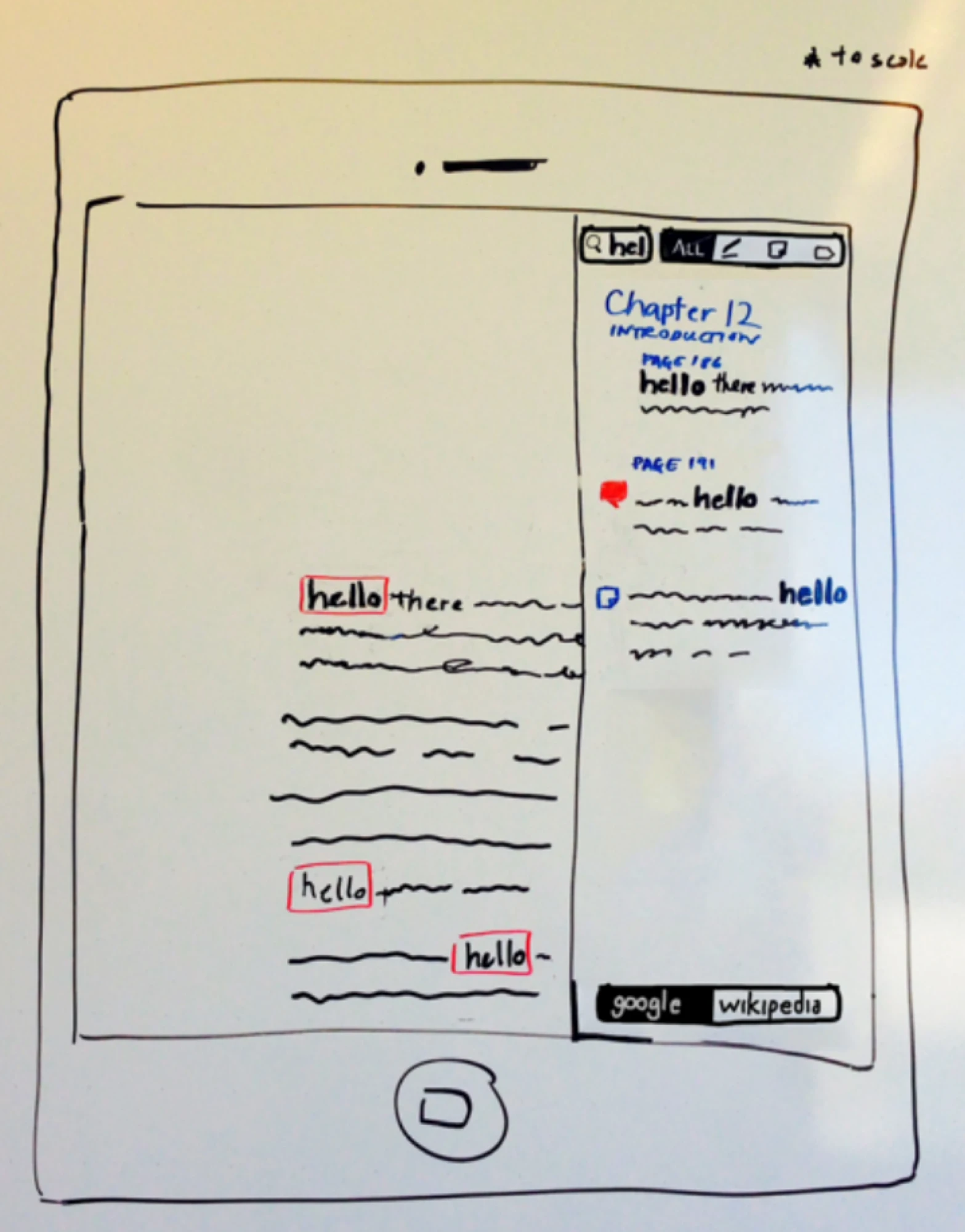 Whiteboard sketch of searching notes in a side panel